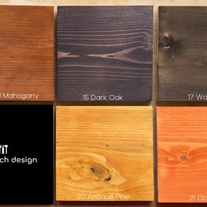 May include: Wood stain color chart with 10 different wood stain colors, including Chestnut, Natural Mahogany, Dark Oak, Walnut, Plum Mahogany, Antique Pine, Ochre, and American Barn Red. The chart also includes the text "YIT blue birch design".