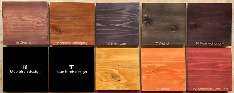 May include: Wood stain color chart with 10 different wood stain colors, including Chestnut, Natural Mahogany, Dark Oak, Walnut, Plum Mahogany, Antique Pine, Ochre, and American Barn Red. The chart also includes the text "YIT blue birch design".