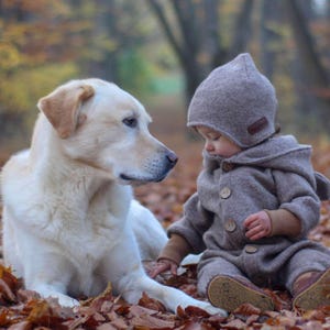 Könnte beinhalten: Ein Baby in einem braunen Wolloutfit und ein hellfarbiger Labrador Retriever-Hund sitzen zwischen Herbstblättern. Das Baby trägt einen Kapuzenmantel und eine Mütze mit Holzknöpfen. Hund und Baby scheinen zu interagieren.