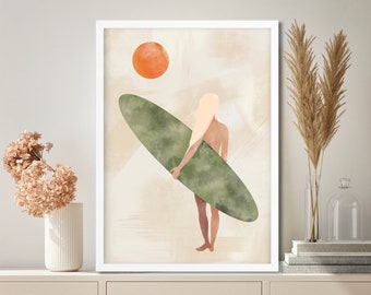 Surfer Girl Art Print, Printable Wall Art, Minimalist Abstract Print, Dogital Download, Poster for Print, Surf Decor Art, Surfing Print