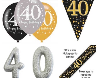 40th Birthday Party Decorations Kit: Black and Gold Banner, 6pcs Black and Gold Latex Balloon, Age 40 Black and Gold Bunting, Silver Candle