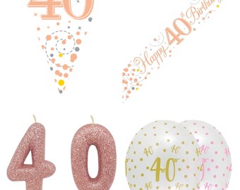 40th Birthday Party Decorations Kit: Rose Gold Banner, 6pcs Pink and Clear Latex Balloon, Age 40 Rose Gold Bunting, Rosegold Candle