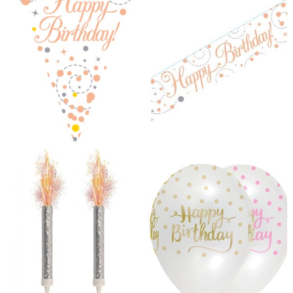 Happy Birthday Party Decoraties Kit: Rose Gold Banner, 6pcs Roze en Clear Latex Balloon, Rose Gold Bunting, Rosegold Candle