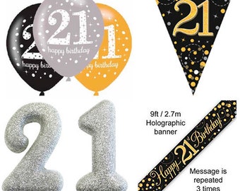 21st Birthday Party Decorations Kit: Black and Gold Banner, 6pcs Black and Gold Latex Balloon, Age 21 Black and Gold Bunting, Silver Candle
