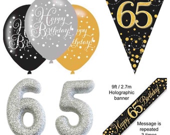 65th Birthday Party Decorations Kit: Black and Gold Banner, 6pcs Black and Gold Latex Balloon, Age 65 Black and Gold Bunting, Silver Candle