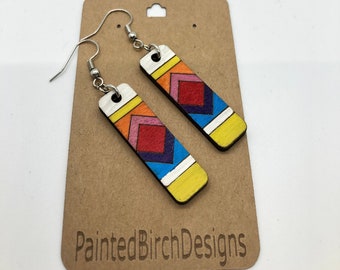 Geometric Handpainted Earrings, Boho Sustainable Jewelry, Wooden Earrings