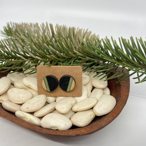 May include: A pair of small, round wooden earrings with black, green, and white stripes. The earrings are displayed on a brown wooden bowl filled with white beans and a green pine branch.