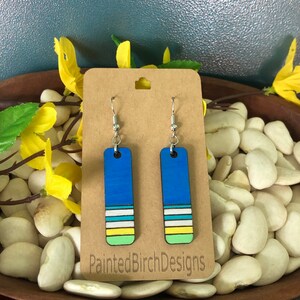 Blue Green Geometric Earrings Handpainted Earrings Boho Sustainable Jewelry Wooden Earrings