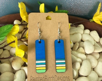 Blue Green Geometric Earrings Handpainted Earrings Boho Sustainable Jewelry Wooden Earrings