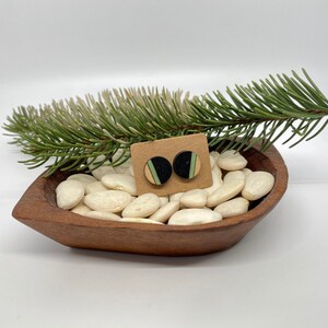 May include: A pair of small, round wooden earrings with black, green, and natural wood colors. The earrings are displayed on a small wooden bowl filled with white beans.