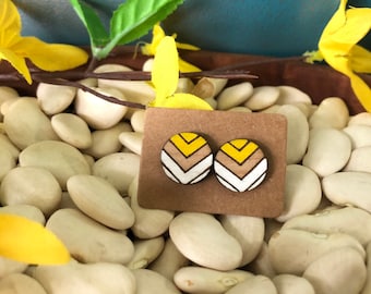 Yellow and White Chevron Hand Painted Wooden Circle Stud Earrings
