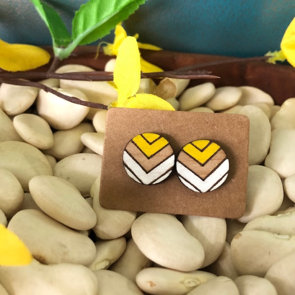 Yellow and White Chevron Hand Painted Wooden Circle Stud Earrings