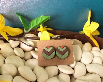 Geometric Chevron Minimalist Hand Painted Wooden Circle Stud Earrings