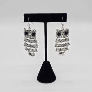 Owl Dangle Drop Earrings - Silver