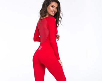 Red organic cotton bodysuits for yoga, pilates, aerial gymnastics, Long Sleeve bodysuit for Women gift for women premium quality