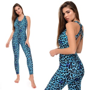 Blue leopard  bodysuit for yoga, pilates, aerial gymnastics, Sports Catsuit for Women, gifts for women