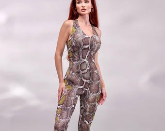 Body de yoga en python marron Sports Unitard Catsuit pour femme, costume de remise en forme en soie aérienne, combinaison de yoga femme cadeau pour amateur de yoga
