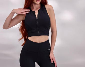 Ensemble sport noir côtelé avec haut zippé et short de motard Tenue de sport pour femme Yoga Pilates Fitness Activewear XS–XXL Cadeau pour amateur de yoga