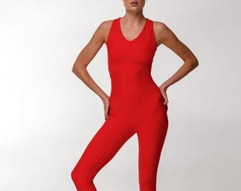 Body rouge côtelé avec bonnets Catsuit de sport pour femme Yoga, Pilates, Aérien, Danse, Idée cadeau pour amateur de yoga