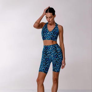 Blue leopard sports set of top and leggings Bra for yoga tight leggings for Pilates gymnastics pole dance workout bodysuit gift for woman