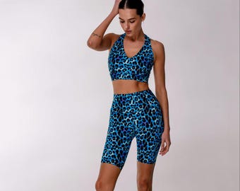 Ensemble haut et leggings de sport léopard bleu pour yoga leggings serrés pour cadeau body d'entraînement de pole dance de gymnastique Pilates pour femme