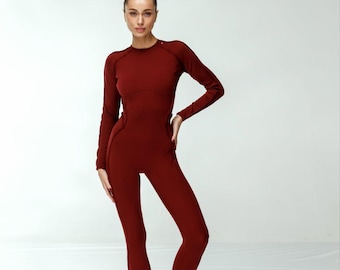Burgundy organic bodysuit with long sleeve for yoga pilates fitness aerial gymnastics pole dance Sports Catsuit for Women gift for aerialist