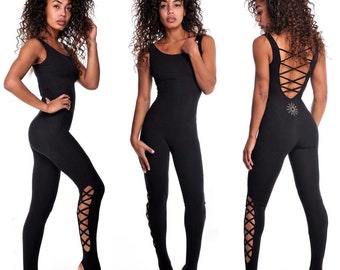 Zwart biologisch katoenen bodysuit voor yoga, fitness, pilates, luchtgymnastiek, gevlochten Catsuit voor vrouwen, cadeaus voor vrouwen Premium kwaliteit