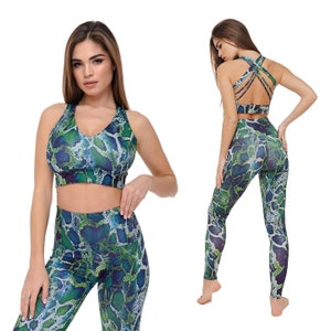 Sports set of top and leggings with snake print, Sport bra for yoga, tight leggings for pilates gymnastics pole dance workout bodysuit