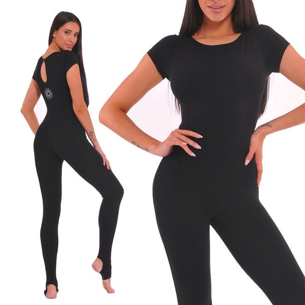 Black bodysuit for yoga, unitard woman Short sleeve Catsuit,organic cotton Jumpsuit for Women, dance unitard Premium quality