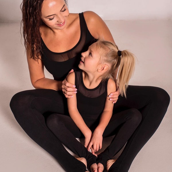 Black organic cotton bodysuit for mom and daughter, pilates, aerial gymnastics, Sports Catsuit for Women,mother daughter, gifts for women