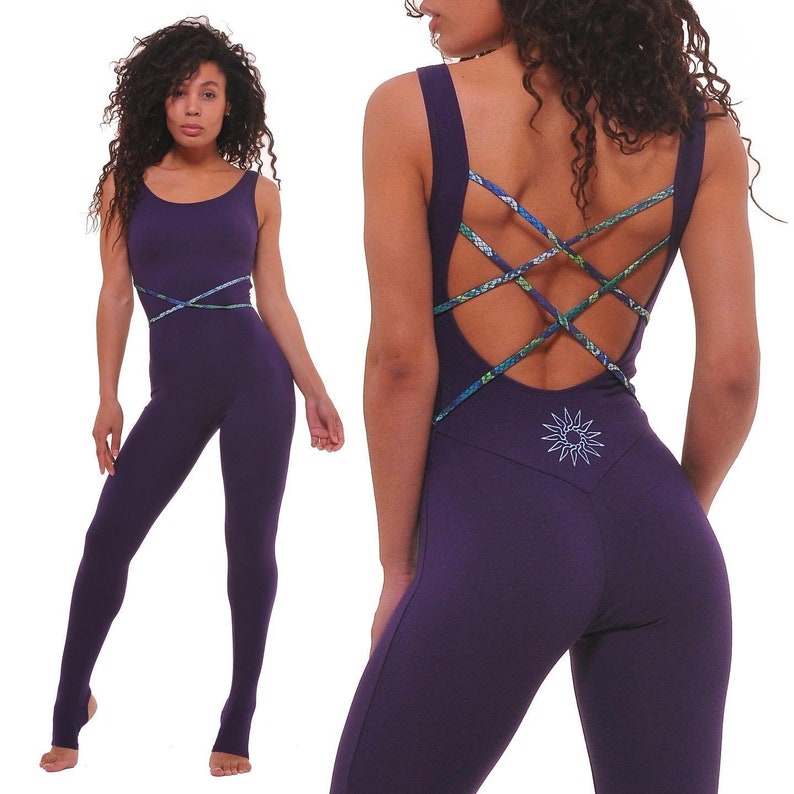 Purple organic cotton bodysuit for yoga, pilates, aerial gymnastics, Sports Catsuit for Women, mothers day gift, gifts for women image 1
