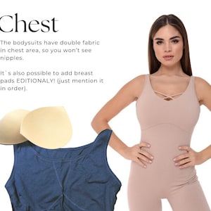 May include: A woman in a beige bodysuit with a criss-cross neckline. The image also shows a blue bodysuit and two beige breast pads. Text on the image reads "Chest" and describes the bodysuit's features.