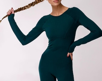 Body émeraude foncé pour yoga, pilates, gymnastique aérienne, catsuit à manches longues, combinaison en coton pour femme, cadeaux pour femme de qualité supérieure
