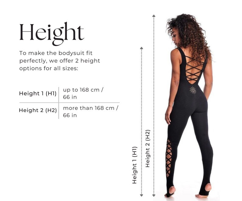 May include: Black jumpsuit with crisscross back and leg details. The image includes text about height options: up to 168 cm or more than 168 cm. The model is wearing the jumpsuit. The jumpsuit has a sun design on the lower back.