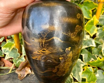大正時代、黒釉薩摩花瓶（金彩） - Etsy 日本