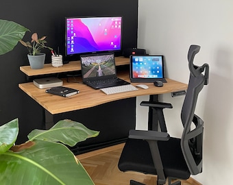 Height Adjustable Computer Desk. Walnut Solid Wood Worktop. 120 x 80 cm. Small Laptop Desk for Student