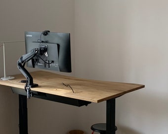 Electric standing Oak Walnut desk w. Hidden Multi-Socket Cable Management Unit. Optional add-ons. Copywriters desk. 150 × 80 cm Black T-legs
