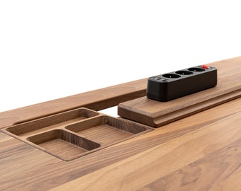 Modern Height-Adjustable Walnut Desk | Sit & Stand Desk with Extended Cable Management Unit and Ergonomically Shaped Edge For Work, Gaming