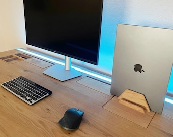 Height Adjustable Computer Desk with LED Ambiental light. Small Walnut Solid Wood Worktop. 120 x 80 cm.
