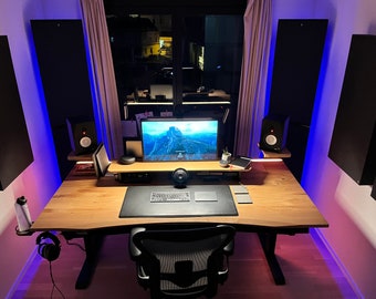 Height Adjustable Modular Gaming Desk with LED Epoxy Light and Cable Management System. 150 × 80 cm. Solid Wood Walnut or Oak