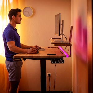 ErgoHide Height-Adjustable Oak Desk With integrated epoxy LED light, Extended Cable Management Unit, and Ergonomically Shaped Edge