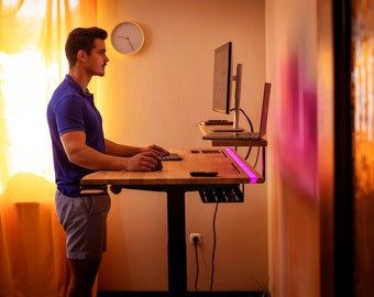ErgoHide Height-Adjustable Oak Desk With integrated epoxy LED light, Extended Cable Management Unit, and Ergonomically Shaped Edge