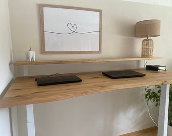 Electric standing Oak Walnut desk w. Hidden Multi-Socket Cable Management Unit. Optional add-ons. Copywriters desk. 150 × 80 cm White T-base