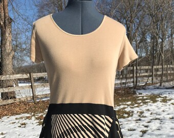 Chic flirty pop-art dress, flouncy, silk, striped bird image, upcycled clothing for women, romantic, medium size, handmade