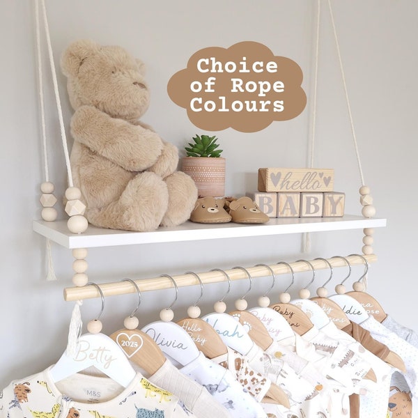 Nursery Shelves with Clothes Rail, Nursery Shelf with Rail, White Shelf, Rope Shelf, Swing Shelves, Hanging Shelf, Baby Gift, Nursery Decor