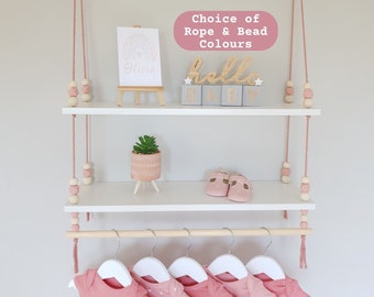 Nursery Shelves with Clothes Rail, Nursery Shelf with Rail, White Shelf, Rope Shelf, Swing Shelves, Hanging Shelf, Baby Gift, Nursery Decor