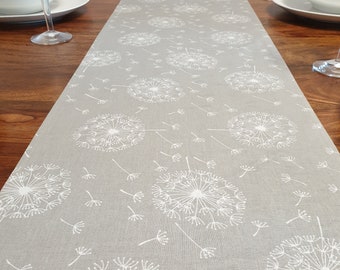 Grey & White Table Runner, 100% Cotton, Grey Table Runner with White Dandelions, Table Decor, Homer Decor, Gift Idea, Grey Table Runner