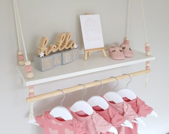 Nursery Shelf with Clothes Rail, White Shelf with Rail, Nursery Shelves, Swing Rope Shelf, Hanging Shelf, Baby Clothes Rail, Nursery Decor