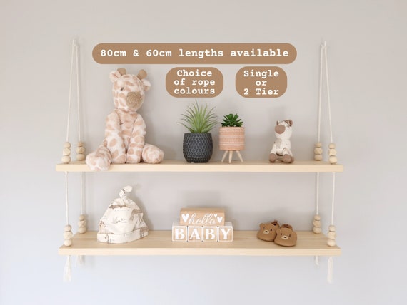 2 Tier Nursery Shelf with Rail, Pine Nursery Shelves, Swing Shelf, Shelves for Nursery, Nursery Decor, Hanging Shelf, Wooden Shelf with Rail