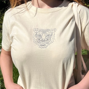 Tiger Retro Reverie Embroidered T-Shirt | Tattoo Style Tiger Design | Roaring Lion Tee | Embroidered Wildcat Embroidery | Y2K Tee